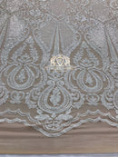 Sequins - White on Nude Mesh - 4 Way Stretch Fancy Fabric Embroidered On Mesh Sold By The Yard