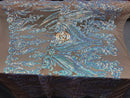 Big Damask Sequins Fabric - Iridescent Aqua - 4 Way Stretch Damask Sequins Design Fabric By Yard