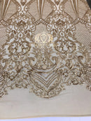 Sequins - Gold - 4 Way Stretch Fancy Fabric Embroidered On Mesh Sold By The Yard