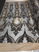 4 Way Stretch - Silver and Black - Two Tone Flower Design Sequins On Stretch Mesh By The Yard