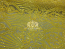 Sequins - Yellow - 4 Way Stretch Damask Design Fabric On Stretch Mesh By The Yard