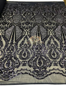Sequins - Navy - 4 Way Stretch Fancy Fabric Embroidered On Mesh Sold By The Yard