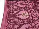 4 Way Stretch - Burgundy - Sequins Damask Design Fabric Embroidered On Mesh Sold By The Yard