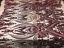 Big Damask Sequins Fabric - Burgundy - 4 Way Stretch Damask Sequins Design Fabric By Yard