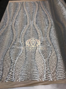4 Way Stretch - Silver  - Horizontal Line Design Sequins On Stretch Mesh By The Yard