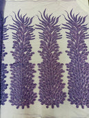 3D Beaded Peacock Feathers - Lavender - Vegas Design Embroidered Sequins and Beads On a Mesh Lace Fabric (Choose The Panels)