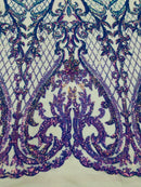 Heart Damask Sequins - Lavender - 4 Way Stretch Elegant Shiny Net Sequins Fabric By Yard