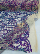 Heart Damask Sequins - Lavender - 4 Way Stretch Elegant Shiny Net Sequins Fabric By Yard