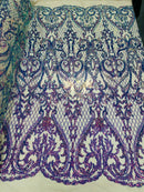 Heart Damask Sequins - Lavender - 4 Way Stretch Elegant Shiny Net Sequins Fabric By Yard