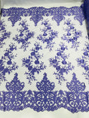 Damask Lace - Floral Damask Design Embroidered on Mesh Lace Fabric - 25 Yard Roll