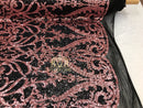 Two Tone Sequins - Pink / Black - 4 Way Stretch Fancy Design Mesh Fabric Sold By The Yard