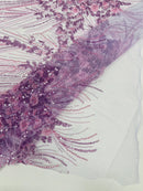 Beaded Floral Line Fabric - Lilac - Beaded Embroidered Lines and Flowers on Mesh By Yard