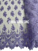 Round Flower Beaded Fabric - Lilac - Embroidered Fashion Design Beads and Sequins On Mesh by The Yard