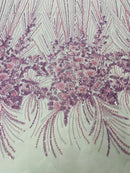 Beaded Floral Line Fabric - Lilac - Beaded Embroidered Lines and Flowers on Mesh By Yard