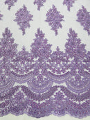 Beaded Flower Cluster Fabric - Lilac - Embroidered Beaded Fancy Border Floral Fabric Sold By Yard