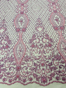 Bead Fashion Damask Fabric - Lilac - Beaded Sequins Geometric Design on Mesh Sold By Yard