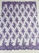 Lace Flower Cluster Fabric - Lilac - Embroidered Flower With Sequins on a Mesh Lace Fabric By Yard