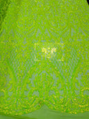 Heart Damask Sequins - Lime Green - 4 Way Stretch Elegant Shiny Net Sequins Fabric By Yard