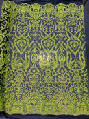 Damask Decor Sequins - Lime Green on Black Mesh - 4 Way Stretch Design High Quality Fabric