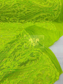 Heart Damask Sequins - Lime Green - 4 Way Stretch Elegant Shiny Net Sequins Fabric By Yard