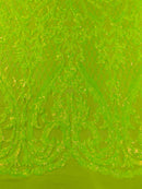 Heart Damask Sequins - Lime Green - 4 Way Stretch Elegant Shiny Net Sequins Fabric By Yard