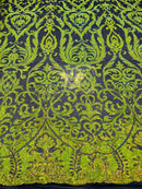 Damask Decor Sequins - Lime Green on Black Mesh - 4 Way Stretch Design High Quality Fabric
