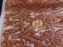 Big Damask Sequins Fabric - Orange - 4 Way Stretch Damask Sequins Design Fabric By Yard