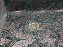 4 Way Stretch - Silver and Teal - Two Tone Flower Design Sequins On Stretch Mesh By The Yard