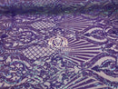 Iridescent Sequins - Lilac - 4 Way Stretch Damask Design Fabric On Stretch Mesh By The Yard