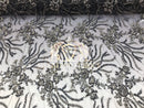 Beaded - Black - Fancy Flower Design Sequins Fabric with Beads Sold By The Yard