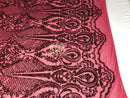 Sequins - Burgundy - 4 Way Stretch Fancy Fabric Embroidered On Mesh Sold By The Yard