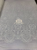 Sequins - White - 4 Way Stretch Fancy Fabric Embroidered On Mesh Sold By The Yard