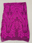 Big Damask Sequins Fabric - Magenta - 4 Way Stretch Damask Sequins Design Fabric By Yard