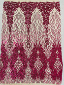 Fancy Leaf Design -  4 Way Stretch Embroidered Sequins Fabric - Pick Color - 25 Yard Roll