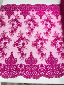Damask Lace - Floral Damask Design Embroidered on Mesh Lace Fabric - 25 Yard Roll