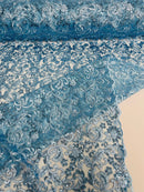 Metallic Floral Lace Fabric - Baby Blue - Embroidered Sequins Floral Design Sold By Yard