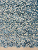 Metallic Floral Lace Fabric - Baby Blue - Embroidered Sequins Floral Design Sold By Yard