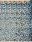 Metallic Floral Lace Fabric - Baby Blue - Embroidered Sequins Floral Design Sold By Yard