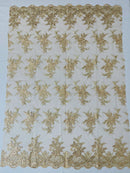 Floral Plant Lace Fabric - Metallic Champagne - Flower Plant Design Lace Sequins Fabric Sold By Yard