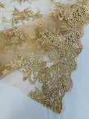 Floral Plant Lace Fabric - Metallic Champagne - Flower Plant Design Lace Sequins Fabric Sold By Yard