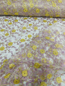 Floral Lace Fabric - Metallic Gold Flowers With Lilac Leaves Embroidered on White Tulle Sold By Yard