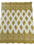 Beaded Flower Cluster Fabric - Metallic Gold - Embroidered Beaded Fancy Border Floral Fabric Sold By Yard