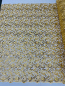Metallic Floral Lace Fabric - Gold - Embroidered Sequins Floral Design Sold By Yard