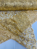 Metallic Floral Lace Fabric - Gold - Embroidered Sequins Floral Design Sold By Yard