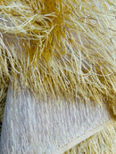 Metallic Eyelash Fabric - Gold - Feather/Eyelash/Fringe Design on Mesh By Yard