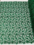 Metallic Floral Lace Fabric - Hunter Green - Embroidered Sequins Floral Design Sold By Yard