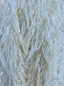Metallic Eyelash Fabric - Ivory/Gold - Feather/Eyelash/Fringe Design on Mesh By Yard
