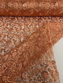 Metallic Floral Lace Fabric - Peach - Embroidered Sequins Floral Design Sold By Yard