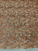 Metallic Floral Lace Fabric - Peach - Embroidered Sequins Floral Design Sold By Yard