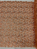 Metallic Floral Lace Fabric - Peach - Embroidered Sequins Floral Design Sold By Yard